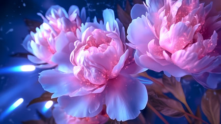 Floral frame with pink peonies on wooden backgroundの素材