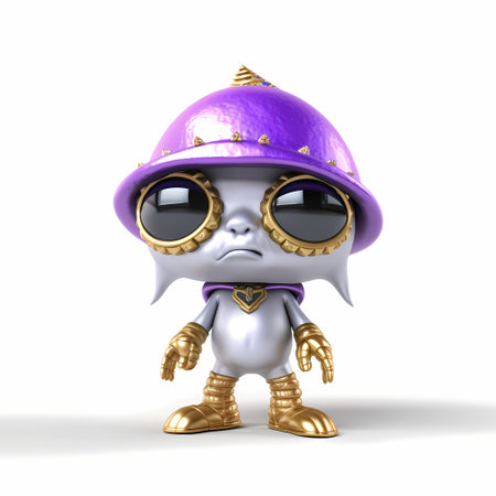 A cute purple glossy shiny silver metallic robot character presenting or pointing out somethingの素材