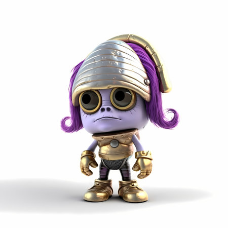 A cute purple glossy shiny silver metallic robot character presenting or pointing out somethingの素材
