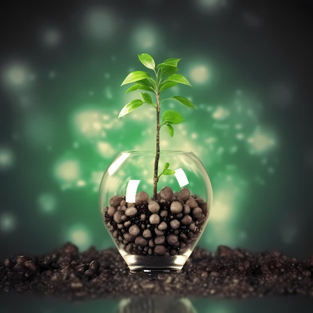 Small tree growth on soil with fresh green nature background and sunlightの素材