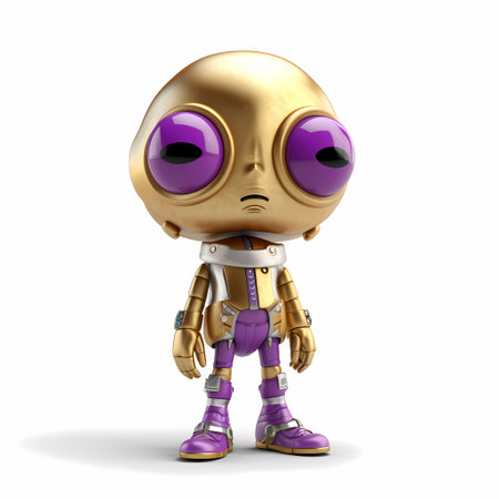 A cute purple glossy shiny silver metallic robot character presenting or pointing out somethingの素材