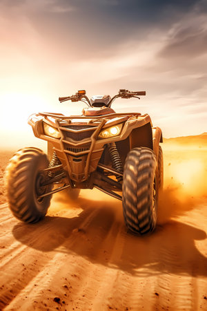 ATV racer takes a turn during a race on a dusty terrain.の素材