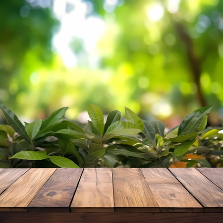 Empty wood table top on blur abstract garden and house background. For montage product displayの素材