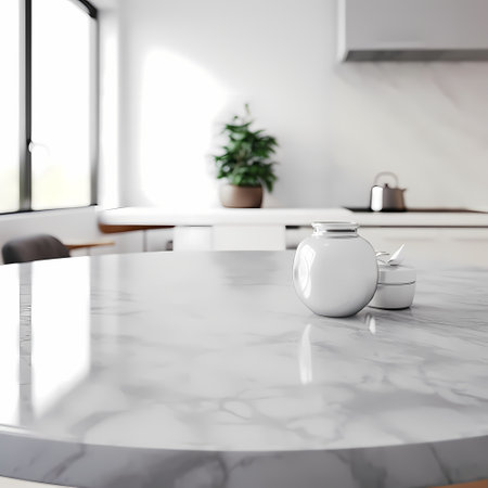 Wood table top on blur kitchen room background . For montage product display or design key visual layout.の素材