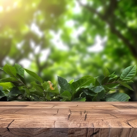 Empty wood table top on blur abstract garden and house background. For montage product displayの素材