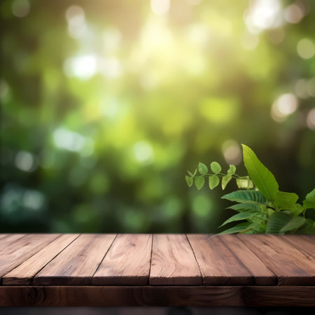 Empty wood table top on blur abstract garden and house background. For montage product displayの素材