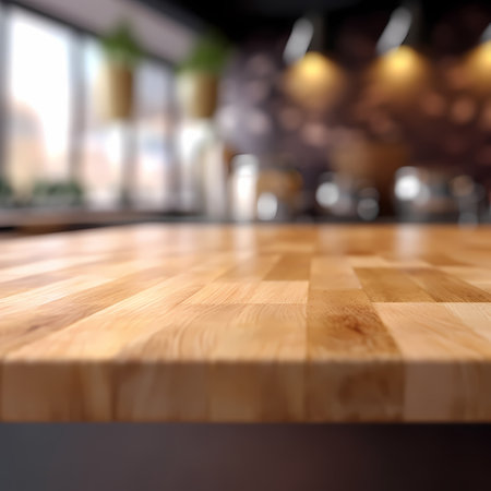 Wood table top on blur kitchen room background . For montage product display or design key visual layout.の素材