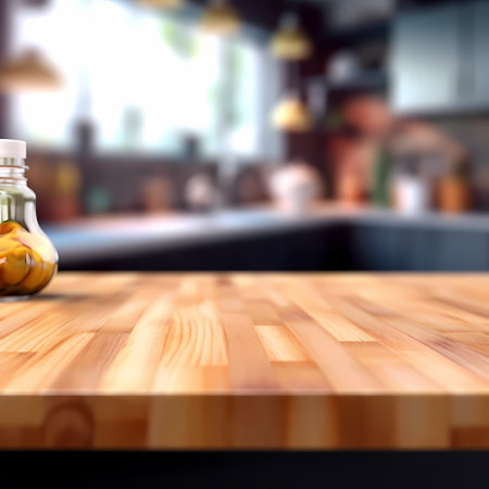 Wood table top on blur kitchen room background . For montage product display or design key visual layout.の素材