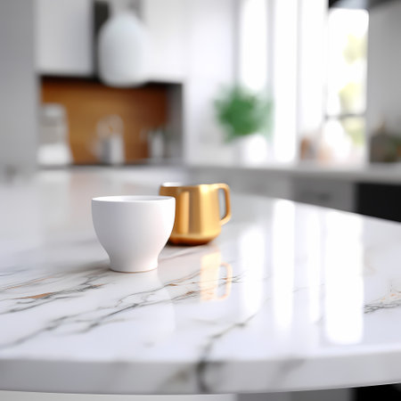 Wood table top on blur kitchen room background . For montage product display or design key visual layout.の素材