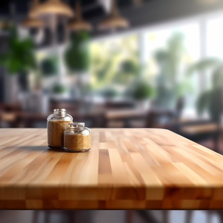 Wood table top on blur kitchen room background . For montage product display or design key visual layout.の素材