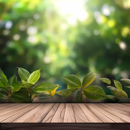 Empty wood table top on blur abstract garden and house background. For montage product displayの素材