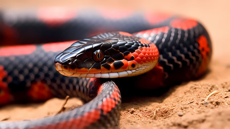 A large red hungarian milk snake curled up and looking to the sideの素材