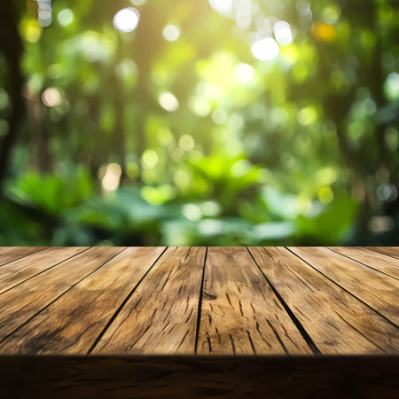 Empty wood table top on blur abstract garden and house background. For montage product displayの素材