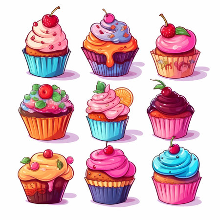 Illustration of different kind of sweet cupcakesの素材