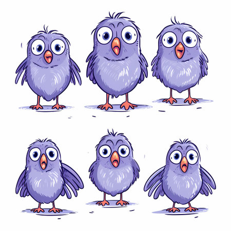 Cartoon bird. Funny bird character with various emotions in different poses, comic mascot clip art. Vector dove animal in flight isolated setの素材