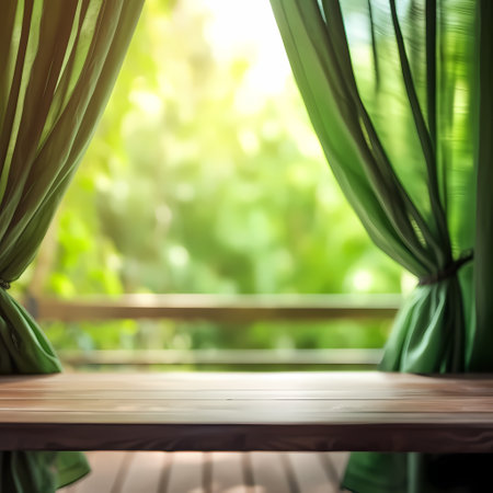 Empty wood table top on blur abstract garden and house background. For montage product displayの素材