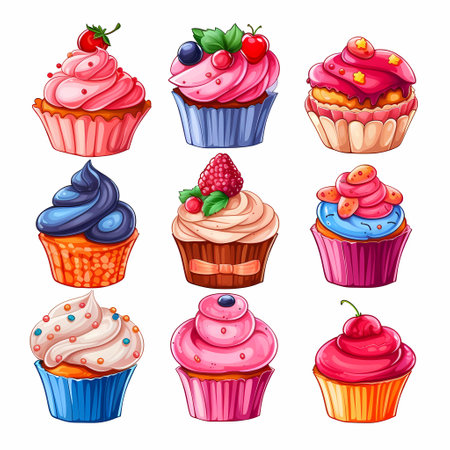 Illustration of different kind of sweet cupcakesの素材