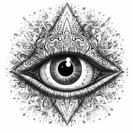 Blue Eye Mandala Mystery Style Pupil Iris of beautiful woman ancient fantasy disguise mask of costume. Postproducted generative AI digital illustration.の素材