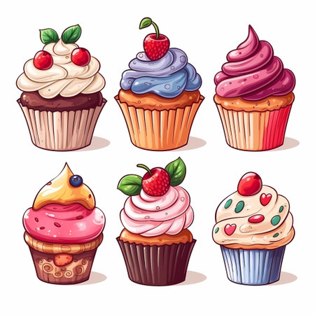 Illustration of different kind of sweet cupcakesの素材