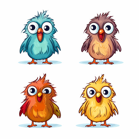 Cartoon bird. Funny bird character with various emotions in different poses, comic mascot clip art. Vector dove animal in flight isolated setの素材
