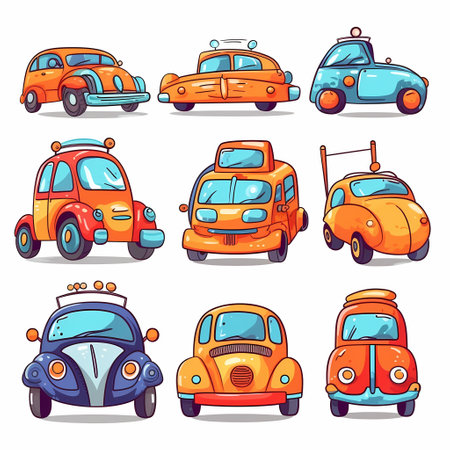 Set of cartoon cars in different colors. bright vector illustration in cartoon styleの素材