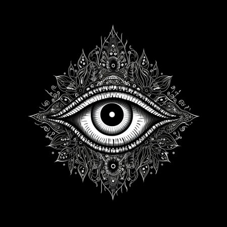 Blue Eye Mandala Mystery Style Pupil Iris of beautiful woman ancient fantasy disguise mask of costume. Postproducted generative AI digital illustration.の素材