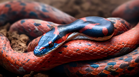 A large red hungarian milk snake curled up and looking to the sideの素材