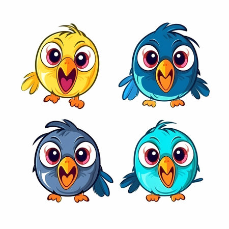 Cartoon bird. Funny bird character with various emotions in different poses, comic mascot clip art. Vector dove animal in flight isolated setの素材