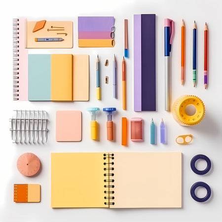 Blank spiral notebook open on stack of colorful notebooks, school supplies and paper plane on bright background flat lay. Modern creative desk. Back to school.の素材