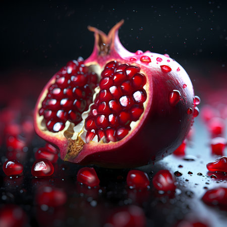 Raw pomegranate berries close-up; pomegranate with leaves isolated on black background. Top view. Flat lay patternの素材