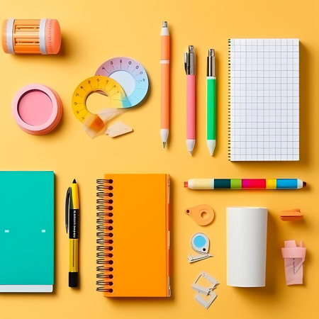 Blank spiral notebook open on stack of colorful notebooks, school supplies and paper plane on bright background flat lay. Modern creative desk. Back to school.の素材