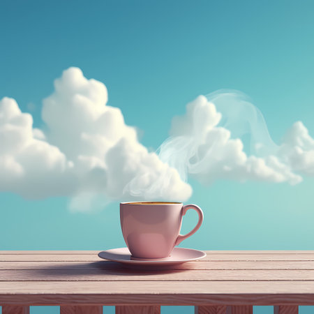 Surrealist image representing a cup of coffee with a cloudy sky instead of a drinkの素材