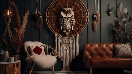 close up owl macrame. with wooden background. in the morning sunlight. made with my hand and loveの素材