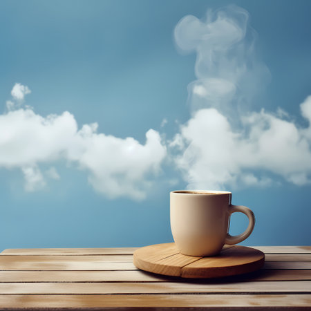 Surrealist image representing a cup of coffee with a cloudy sky instead of a drinkの素材