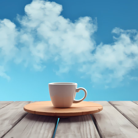 Surrealist image representing a cup of coffee with a cloudy sky instead of a drinkの素材