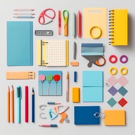 Blank spiral notebook open on stack of colorful notebooks, school supplies and paper plane on bright background flat lay. Modern creative desk. Back to school.の素材