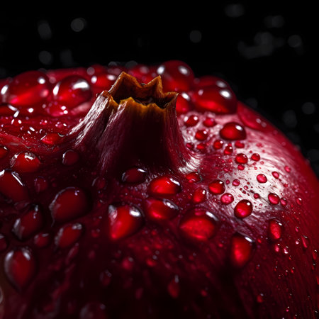 Raw pomegranate berries close-up; pomegranate with leaves isolated on black background. Top view. Flat lay patternの素材