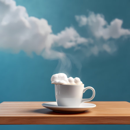 Surrealist image representing a cup of coffee with a cloudy sky instead of a drinkの素材