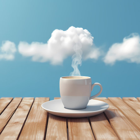 Surrealist image representing a cup of coffee with a cloudy sky instead of a drinkの素材