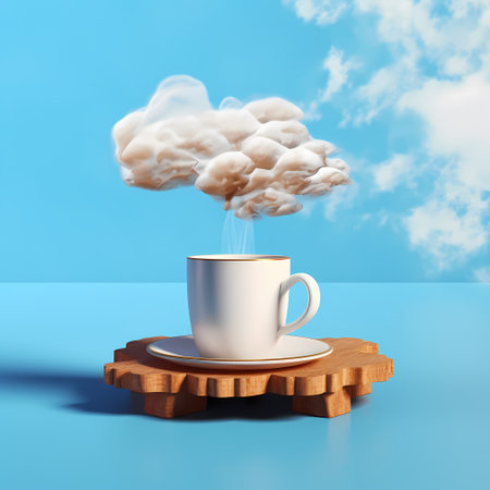 Surrealist image representing a cup of coffee with a cloudy sky instead of a drinkの素材