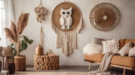 close up owl macrame. with wooden background. in the morning sunlight. made with my hand and loveの素材