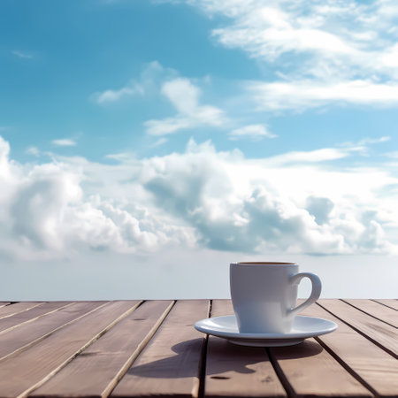 Surrealist image representing a cup of coffee with a cloudy sky instead of a drinkの素材