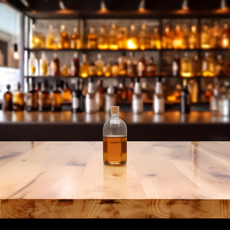 Grey table top and beautiful bokeh shelves with alcohol bottles at the background. Bar concept.の素材