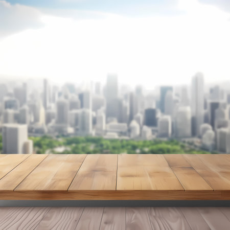 Texture of old wood table and green park backgroundの素材