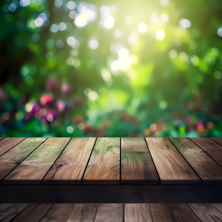 Texture of old wood table and green park backgroundの素材