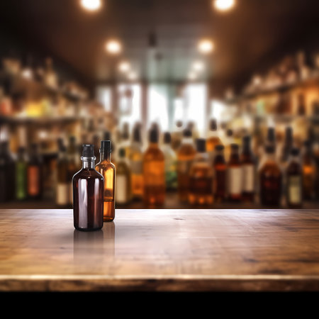 Grey table top and beautiful bokeh shelves with alcohol bottles at the background. Bar concept.の素材