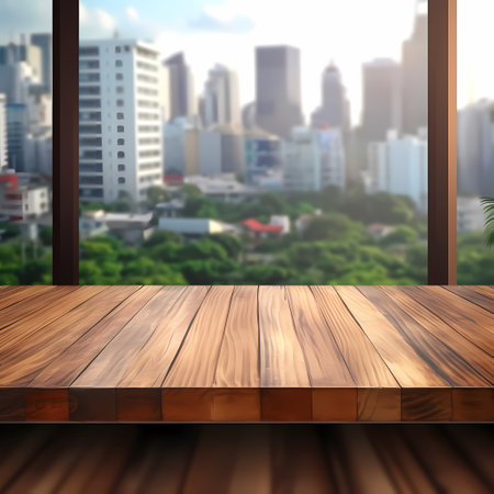 Texture of old wood table and green park backgroundの素材