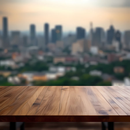 Texture of old wood table and green park backgroundの素材