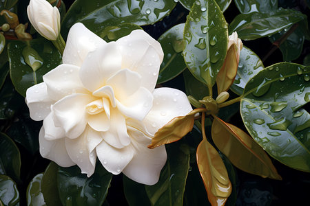 The beauty of the white gardenia jasminoides flower after the rainの素材