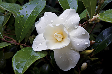 The beauty of the white gardenia jasminoides flower after the rainの素材